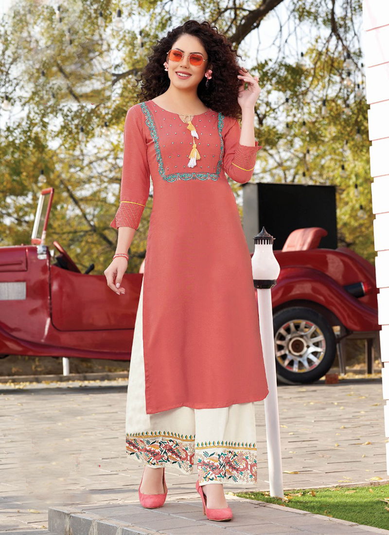 F.Label Vol 5 Designer Rayon Embroidery Work Kurti With Fancy Bottom Collection 5001-5012 